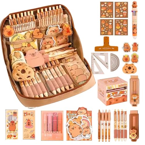 Capybara Schreibwaren-Set, niedliches Capybara-Federmäppchen, Capybara-Stifte, Capybara-Stifte, Haftnotizen, Lineale und mehr, ästhetisches Capybara-Schreibwaren-Set, Schulbedarf, 21 x 5,5 x 14,5 cm von Generisch