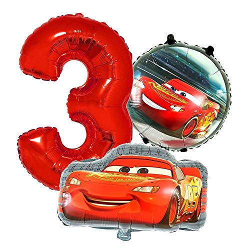 Cars Lightning McQueen 3 Geburtstags Set + Riesenzahl Rot 3 Folienballon Luftballon 3 Auto 3. Kindergeburtstag Deko Dekoration Mottoparty 3. Party Car Rennen Rennwagen Ballon (Zahl 3) von Generisch