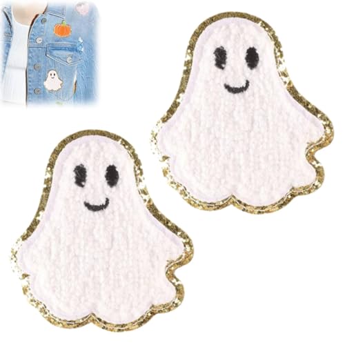 Chenille-Patch, Motiv: Kürbis-Geist, zum Aufbügeln, niedliche Glitzer-Flicken, bestickte Jacken, Aufnäher für Jeans zum Nähen, Basteln, 2024 Halloween-Zubehör (2 Stück Geist) von Generisch