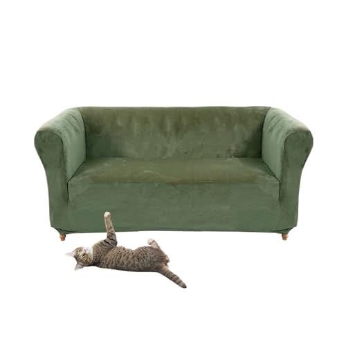 Chesterfield-Sofabezug aus Stretch-Samt, Couchbezug mit Sitzkissen für geschwungene Sofas, Vintage-Stil (grüner Zweisitzer), hochwertiger Samtstoff, elastische Unterseite, einfach zu installieren von Generisch