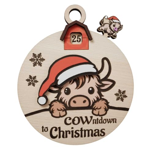 Countdown bis Weihnachten verschiebbares Ornament,Weihnachts-Countdown-Wandkalender - Highland Cow Weihnachtsuhrschild,Countdown-Schild aus Holz bis Weihnachten, 3D-Countdown zum Weihnachtskalender fü von Generisch