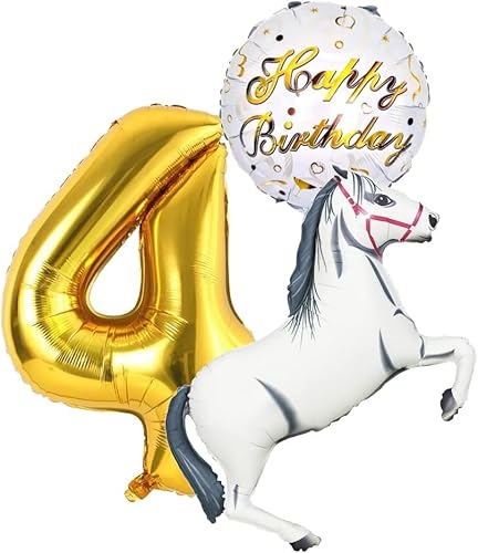 Cowboy Cowgirl Party Pferde Geburtstag Deko Pferd Riesenzahl Gold 4 Jahre Geburtstag Weiß Reiten Dekoration Ballon Mädchen Happy Birthday Geburtstag Folienballon Schimmel 4 Gold 100cm(Zahl 4) von Generisch