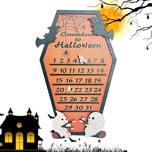 Cuntdown Halloween-Sargkalender,Halloween-Countdown-Kalender aus Holz,Sargförmiger, gruseliger Holz-Adventskalender, Fledermaus, Spinne, Geister-Dekoration | 31 Tage Countdown Halloween Dekorati von Generisch