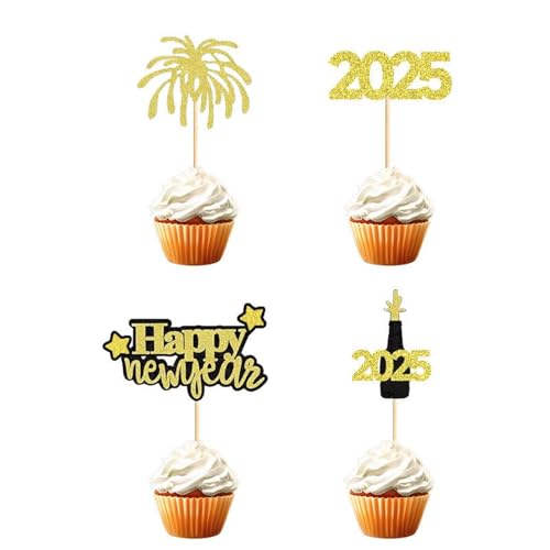 Cupcake-Topper, Glitzer, Neujahrskuchendekoration, tolles Dessert-Dekor, Geschenk für 2025, Happy New Years, Party-Dekoration, Zubehör, 12 Stück von Generisch