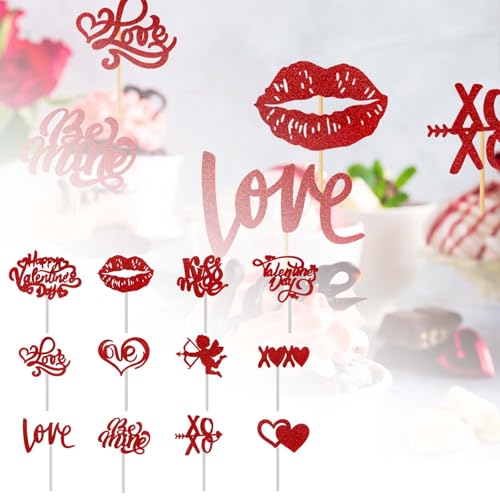 Cupcake Topper Herz Cupcake Picks Geburtstag 12 er Pack Valentinstag Cupcake Topper Glitzer Herz Cupcake Picks Für Thema Hochzeit Verlobung Valentinstag Party Kuchen Dekorationen Zubehör von Generisch