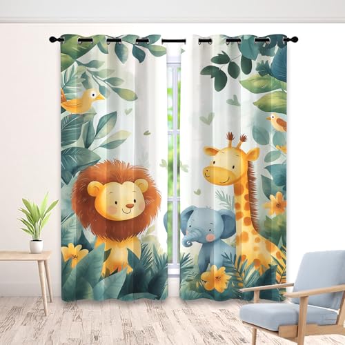 Cute Giraffe Löwe Elefant Vorhang, Wohnzimmer Schlafzimmer Blickdichte vorhänge, Zoo Tier Dschungel Tier Gardinen, mit Ösen Verdunkelungsvorhang, Vorhänge 2er Set, 183x214 cm von Generisch