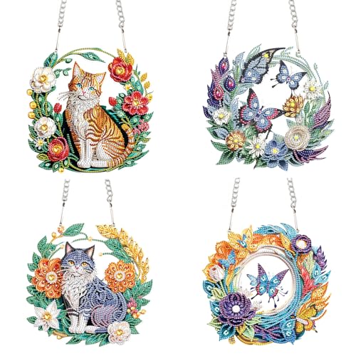 DIY Diamond Painting Anhänger mit Kette, 5D Diamant Painting Schmetterling Katze Kranz Set, Diamond Malerei Katze Wandbehang Kits für Fenster Wand Eingang Decor-B-4 Stuck-15 von Generisch