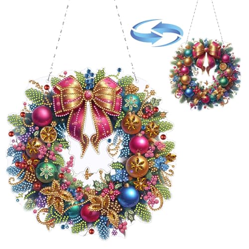 DIY Dot Diamond Window Pendant Diamond Art Painting Christmas Garland Creative Design PVC Home Decoration Pendant (Double-Sided Pattern, Single Side Diamond)-#01-Christmas Wreath von Generisch