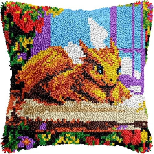 DIY Knüpfkissen-Set für Erwachsene, Dinosaurier-Kissenbezug mit vorgedrucktem Kissenbezug, Häkelgarn, Stickerei, Knüpfkissen, für Heimdekoration, 43,2 x 43,2 cm (l199) von Generisch