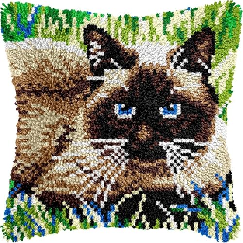 DIY Knüpfkissen-Set für Erwachsene, Katze im Gras, Kissenbezug mit vorgedrucktem Kissenbezug, Häkelgarn, Stickerei, Knüpfkissen, für Heimdekoration, 43,2 x 43,2 cm (l2) von Generisch