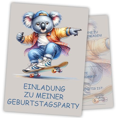 Damalia | 12 Einladungskarten | Kindergeburtstag | Mädchen | Junge | Koala Skateboard | Tiere | Kinderparty | DIN A6 | Einladung | Geburtstag | klein und groß | Baby von Generisch