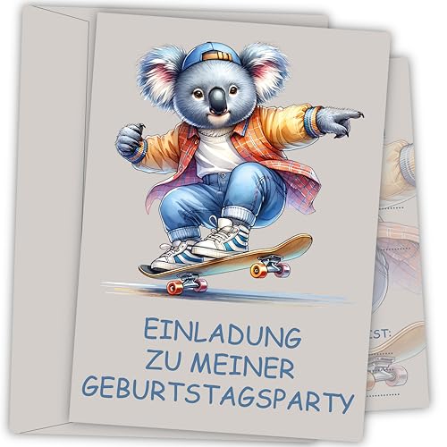 Damalia | 12 Einladungskarten inkl. 12 passender Umschläge | Kindergeburtstag | Mädchen | Junge | Koala Skateboard | Tiere | Kinderparty | DIN A6 | Einladung | Geburtstag | klein und groß | Baby von Generisch