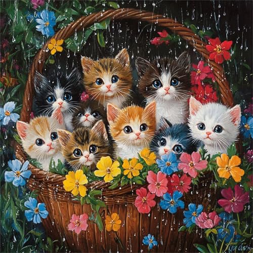 Diamond Painting 5D DIY Set für Erwachsene Korbkatze Diamant Malerei Bastelset Full Drill Groß Set Bilder für Home Wanddeko als Geschenk Mädchen Basteln Embroidery Painting 45x45cm Round Drill RS00875 von Generisch