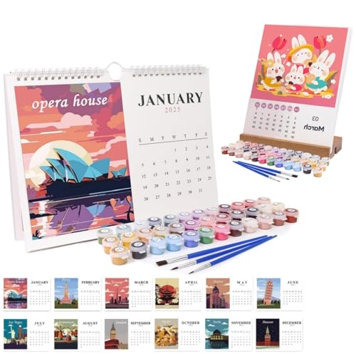 Digitaler Wandkalender 2025,Malen Nach Zahlen Kalender Wandkalender Nation Landschaft,DIY Wandkalender 2025 zum Aufstellen,Digital Tischkalender mit Pinsels Acrylfarbe für Geschenke Haus Deko von Generisch