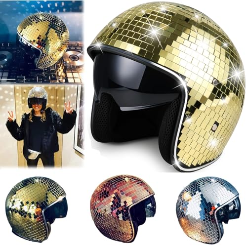 Diskokugel Helm-Discokugel Hüte | Glitzer Spiegel Glas Discokugel Hut Helm | Disco Spiegel Glitzerball Helme | Disco Spiegel Hut | Glitzer Spiegel Glas Disco Ball Hut (Gold) von Generisch