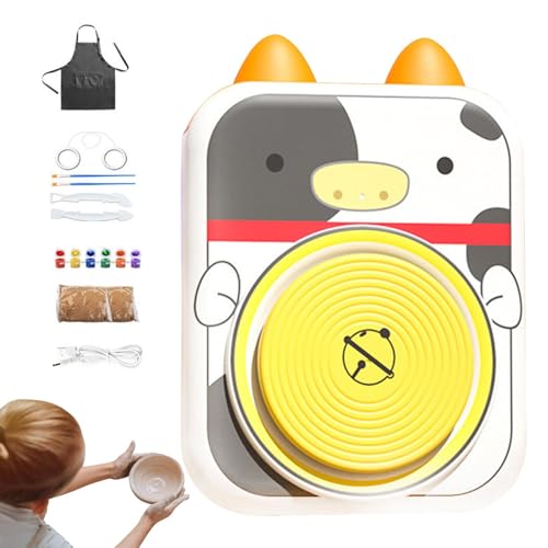 Entzückendes Keramikrad-Set für Kinder, USB-Keramikrad, Töpferscheiben-Set mit Kuh-Design, elektrisches Töpfer-Tonrad für Kinder, Familie, Freunde, Tierformen, Töpferscheibe für Freunde von Generisch