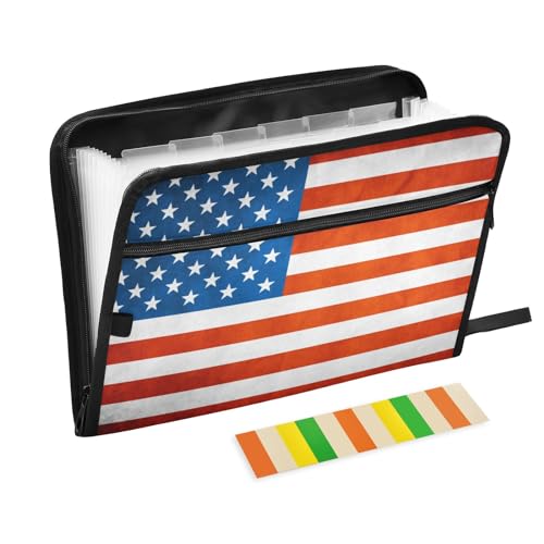 Fächermappe mit Amerika-Flagge, 13 Taschen, Akkordeon-Aktenordner mit Klebeetiketten, Reißverschluss, tragbarer A4-Dokumenten-Organizer für Zuhause, Büro, Schulbedarf von Generisch