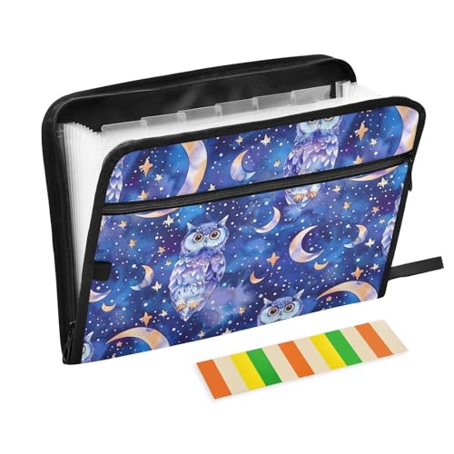 Fächermappe mit niedlichen Eulen und Mond, mit Klebeetiketten, 13 Taschen, Akkordeon-Aktenordner, Dokumenten-Organizer mit Reißverschluss von Generisch