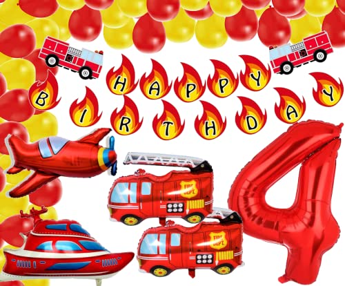 Feuerwehr 4. Party XXL Set Zahl 4 ROT 100 cm Auto Boot Flugzeug Folienballon 4. Geburtstag Feuerwehrmann 4 Jahre Deko Feuerwehrauto Ballon Sam Kinder Junge Fire Red fireman Feier (Zahl 4) von Generisch