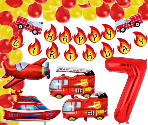 Feuerwehr 7. Party XXL Set Zahl 7 ROT 100 cm Auto Boot Flugzeug Folienballon 7. Geburtstag Feuerwehrmann 7 Jahre Deko Feuerwehrauto Ballon Sam Kinder Junge Fire Red fireman Feier (Zahl 7) von Generisch