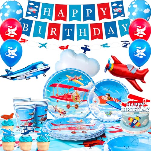 Flugzeug Birthday Supplies,167Pcs Flugzeug-geburtstagsparty-dekorationen&Flugzeuge Papier Geschirrset –Flugzeuge Pappteller Banner Luftballon etc... von Generisch