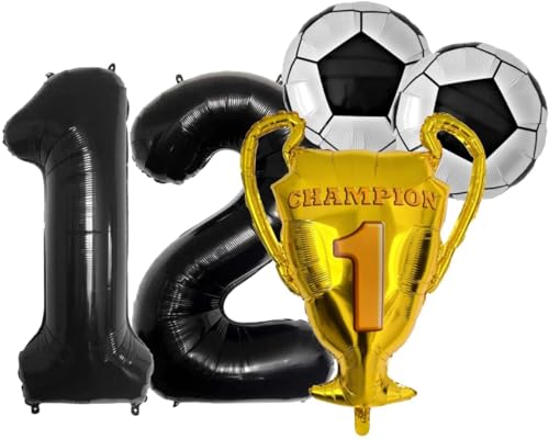 Fußball Geburtstag Deko 12 Jahre mit XL Zahl Folienballon 12 Schwarz Champion WM EM Liga Fussball Pokal Ball Bälle Ballon Dekoration Fußball Party 12 Geburtstag Super Kickers Captain Tsubasa (Zahl 12) von Generisch