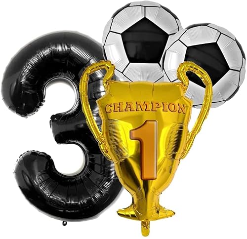 Fußball Geburtstag Deko 3 Jahre mit XL Zahl Folienballon 3 Schwarz Champion WM EM Liga Fussball Pokal Ball Bälle Ballon Dekoration Fußball Party 3 Geburtstag Super Kickers Captain Tsubasa (Zahl 3) von Generisch