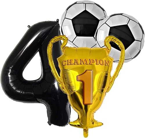 Fußball Geburtstag Deko 4 Jahre mit XL Zahl Folienballon 4 Schwarz Champion WM EM Liga Fussball Pokal Ball Bälle Ballon Dekoration Fußball Party 4 Geburtstag Super Kickers Captain Tsubasa (Zahl 4) von Generisch