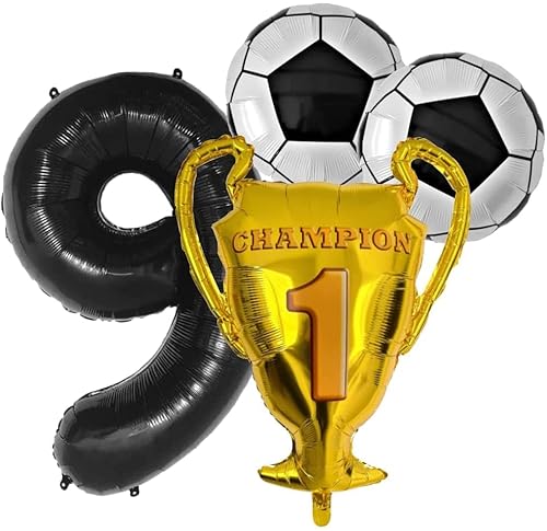 Fußball Geburtstag Deko 9 Jahre mit XL Zahl Folienballon 9 Schwarz Champion WM EM Liga Fussball Pokal Ball Bälle Ballon Dekoration Fußball Party 9 Geburtstag Super Kickers Captain Tsubasa (Zahl 9) von Generisch