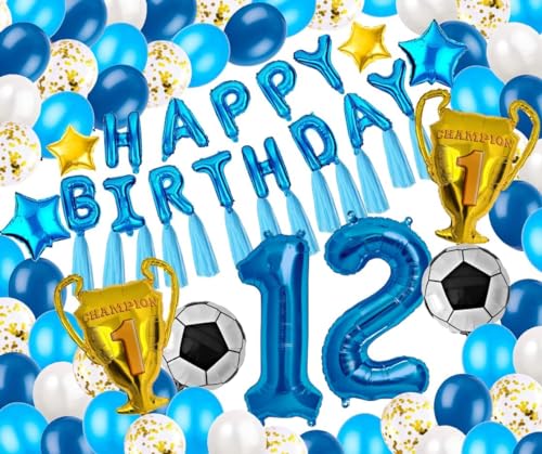 Fußball Party Soccer Geburtstag 12 Jahre Fußball Dekoration XXL Set mit Riesenzahl 12 Blau Fußball Folienballon Ball Luftballon Ballon Fussball Kindergeburtstag 12 Sport WM EM Pokal Deko (Zahl 12) von Generisch