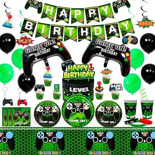 Gamer Geburtstagsdeko Partygeschirr, Videospiel Geburtstagsparty Deko, 3D Gamecontroller Ballon Banner Tischdecke Pappteller Servietten Pappbecher Gamer Gaming Party Deko Junge von Generisch