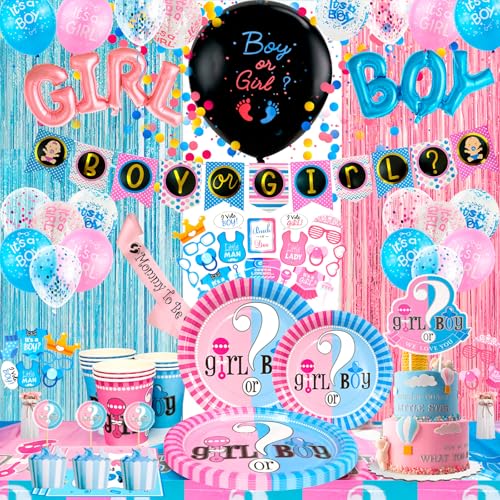 Gender Reveal Party Supplies,Gender Reveal Party Dekoration&Geschirr Set-Boy Or Girl Teller Tassen Tischdecke Ballons Banner Photo Booth Tortendeko etc Gender Reveal Partyzubehör von Generisch