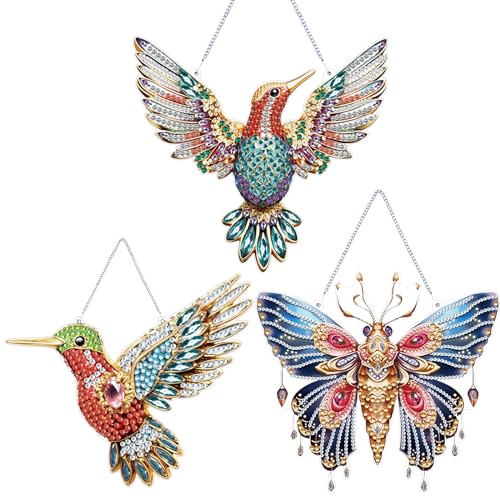 Generic 5D-Diamant-Malerei, Schmetterling, Kolibri, Ornamente, Diamantkunst, Kristall-Ornament für Zuhause, Wanddekoration (3-teiliges Kolibri-Schmetterlingsset) von Generisch