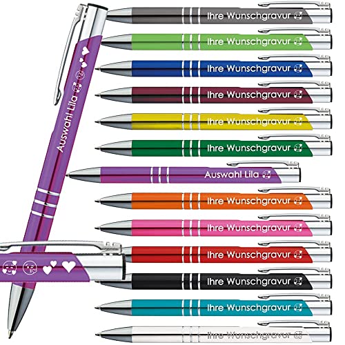 Generisch 100x Kugelschreiber mit Gravur | Emojis Gravur | 13 Farben Auswahl | Personalisierte Werbekugelschreiber mit Wunschgravur | (Lila, 100 Stück) von Generisch