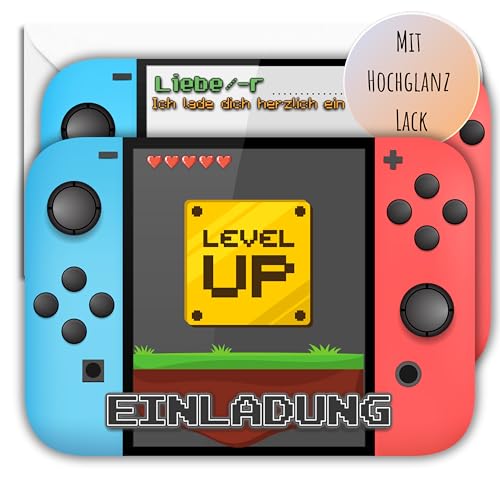 12x EINLADUNGSKARTEN +Umschläge mit LVLUP Videospiel Gamer Design in Hochglanzoptik für coole Mädchen & Jungen Gaming Kindergeburtstag Konsolen Zocker Party von Generisch