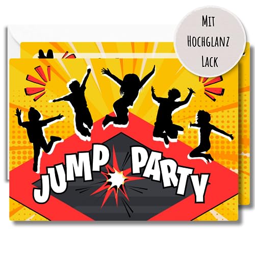 Generisch 12x EINLADUNGSKARTEN +Umschläge mit Jump Party Design in Hochglanzoptik für coole Mädchen & Jungen Trampolin Parkour Sport Kindergeburtstag von Generisch