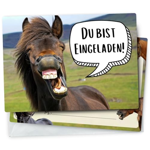 Generisch 12x EINLADUNGSKARTEN inkl. passender Umschläge für Kindergeburtstag & Co. - Karten Set mit lusttigem Pferd Motiv - FUNNY HORSE - gute Laune garantiert von Generisch