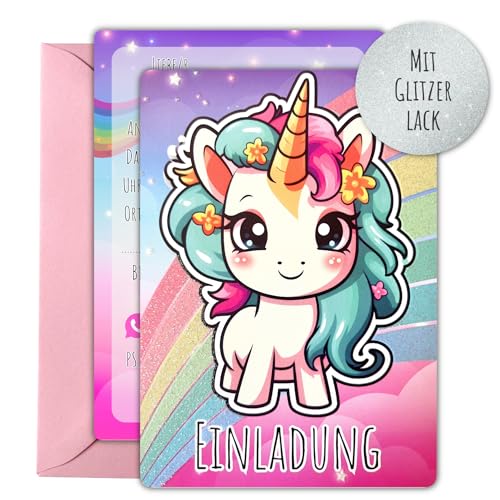 Generisch 12x Glitzer EINLADUNGSKARTEN +rosa Umschläge für PARTY und KINDERGEBURTSTAG im bunten Regenbogen Einhorn Design sind die EINLADUNG für Mädchen zum GEBURTSTAG und KINDERPARTY von Generisch