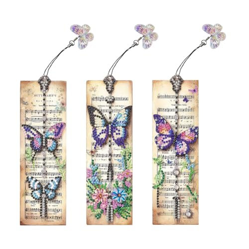 Generisch 3 Stk Diamond Painting Lesezeichen Schmetterlings Musik Kristall Set für Erwachsene Personalisierte Lesezeichen Diamond Art Erwachsene Basteln Mädchen Geschenke für Frauen Graduierung von Generisch