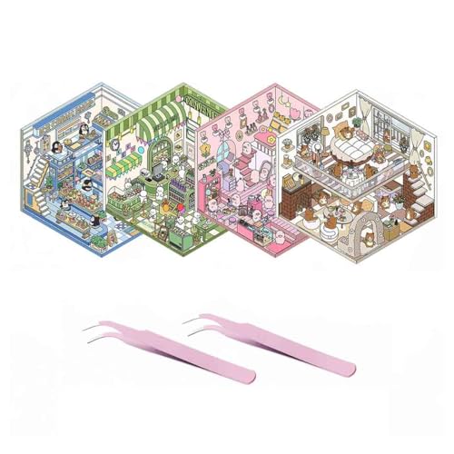 Generisch 4 Sets DIY 3D House Stickers, DIY Stickers Scene Make Your Own Stickers, Isometric Sticker Book, Fun Cute Korean Cartoon Scene Stickers,DIY 3D Sticker Scene Stickers. von Generisch