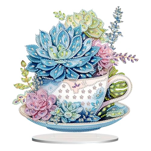 Generisch 5D DIY Diamond Painting Blumen Deko 5D Diamant Painting Tischdeko 5D Diy Diamant Malerei Kunst Set für Anfänger, Erwachsene, Kindergeschenke, Kunsthandwerk-Teetasse Sukkulente von Generisch