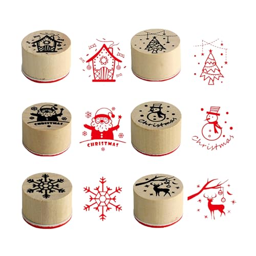 Generisch 6-teiliges Holzset, runder Holzstempel zum Basteln von Karten, Gummistempel mit „Frohe Weihnachten“-Muster für selbstgemachte Bastelkarten Scrapbooking (Frohe Weihnachten) von Generisch