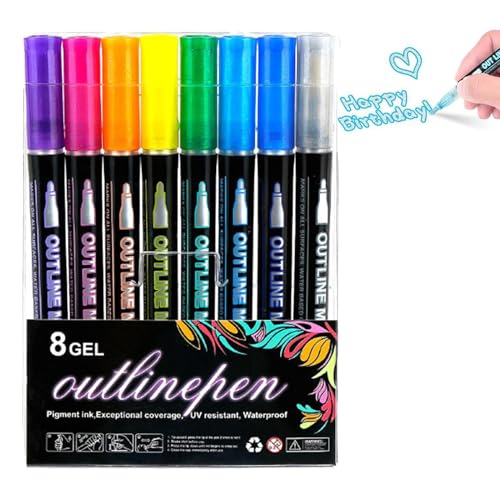 Generisch 8 Farben Lightstick Graffiti-Highlighter-Stifte, Double-Lines Outline Marker Stifte Set, Glitter Outline Marker Zum Zeichnen Von Grußkarten, Kreative Double Linie Outline Stifte Für Kinder von Generisch