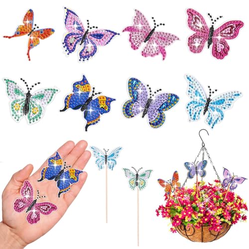 Generisch 8 Stück Schmetterling Diamond Painting, Diamond-Painting Gartenpfahl Garten Dekor, Schmetterling Stakes Diamant Kunst Kits Bastelsets für Erwachsene, Diamant Painting Ornaments Zubehör von Generisch