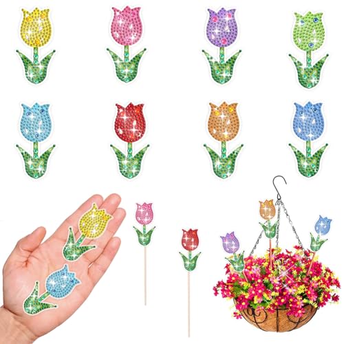 Generisch 8 Stück Tulpe Diamond Painting, Diamond-Painting Gartenpfahl Garten Dekor, Tulpe Stakes Diamant Kunst Kits Bastelsets für Erwachsene, Diamant Painting Ornaments Zubehör von Generisch