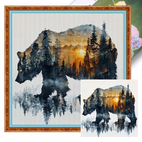 Generisch Bär Kreuzstich Set Vorgedruckt, Tiere Stickvorlagen Stickbilder Vorgedruckt Kreuzstich Stickpackungen Stickpackung Cross Stitch Kit Stickset Sticken Set Erwachsene Anfänger-40x40cm von Generisch