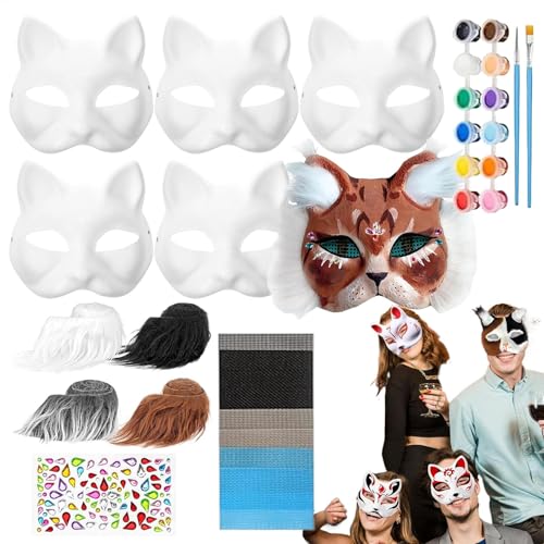 Generisch Bastel-Katzenmaske, Katzen-Party-Gesichtsbedeckung, 6 Blanko-Gesichtsabdeckungs-Set, Bemalbares Gesichtsbedeckungsset, Katzengesichtsbedeckungen Mit Augen, Netz, Schnurrhaaren Und Juwel von Generisch