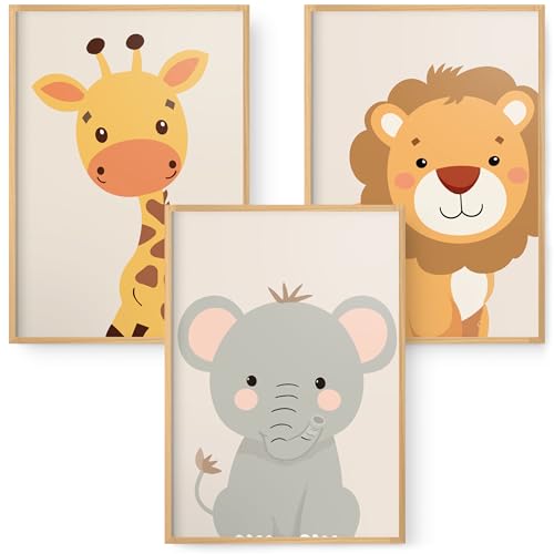 Generisch Bilder Kinderzimmer I 3er Set DIN A4 I Lustige Tiere I Babyzimmer für Jungen und Mädchen I Deko (Safari (Löwe, Elefant & Giraffe)) von Generisch