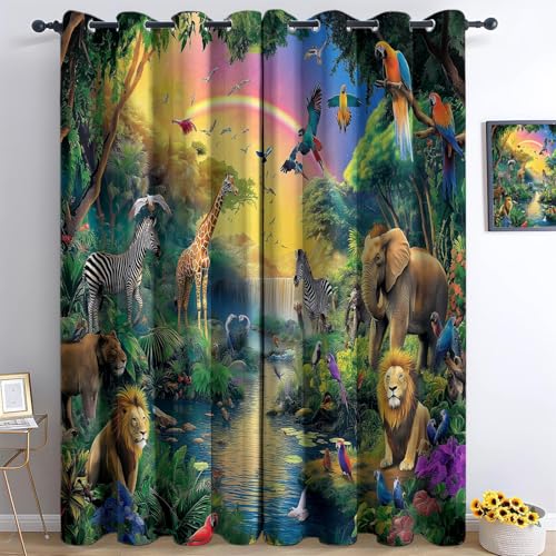 Generisch Blickdicht Vorhang Ösenschal Verdunkelungsvorhang 3D Cartoon-Stil Dschungel Tiere Gardinen Kinderzimmer Wohnzimmer Thermovorhang Polyester Vorhänge 183 x 117 cm 2Er Set von Generisch