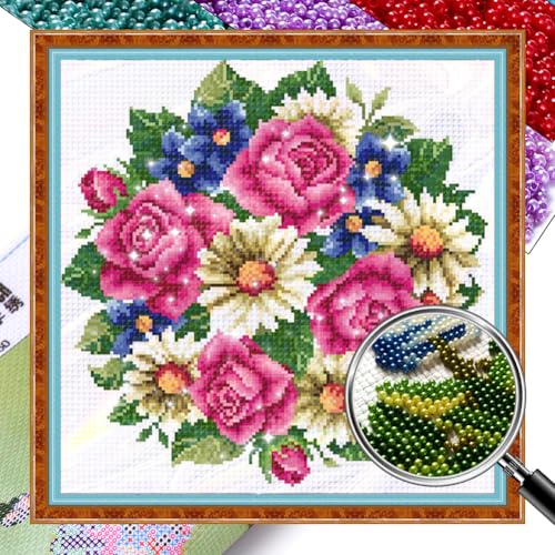 Generisch Blume Perlenstickerei Kreuzstich Set zum Selbermachen, Blume 9 CT komplettes Sortiment an vorgedruckten Startersets für Anfänger 38 x 38 cm von Generisch